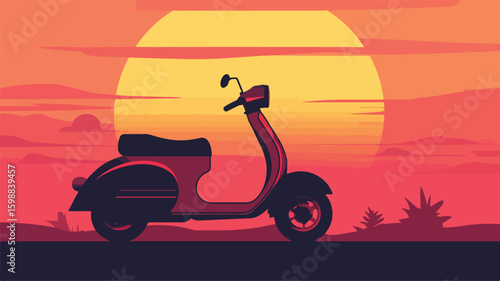 Vintage Classic Scooter on Retro Sunset Background Illustration