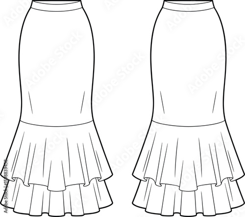 Women’s pencil skirt fashion sketch with layered ruffles, fitted waistband, front and back views, elegant silhouette, cad drawing flat vector illustration