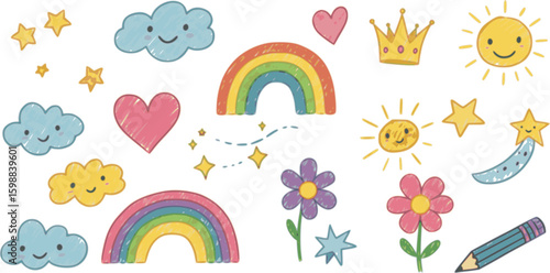 Cute kid background line tree, cloud, flower icon. Hand drawn doodle sketch kid art element set. Flower, heart, cloud children draw style design element background. Vector illustration