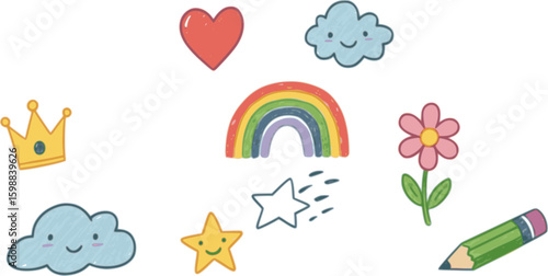 Cute kid background line tree, cloud, flower icon. Hand drawn doodle sketch kid art element set. Flower, heart, cloud children draw style design element background. Vector illustration