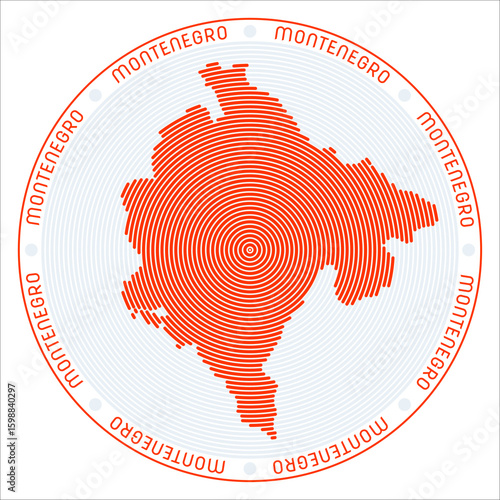 Montenegro round logo design. Country shape build of rings. Montenegro text around the country. Vector Illustration.