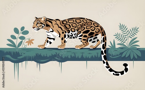Fototapeta Naklejka Na Ścianę i Meble -  Clouded leopard prowls along a branch with lush foliage