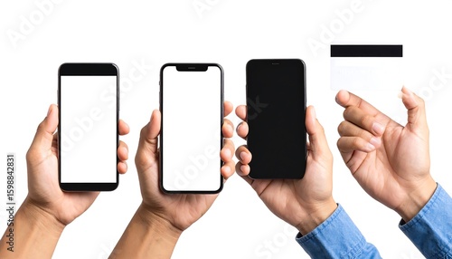 Hands holding phones and a card