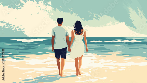 Romantic Beach Walk Illustration: Simple Flat Vector for Romantic Wall Art Decor