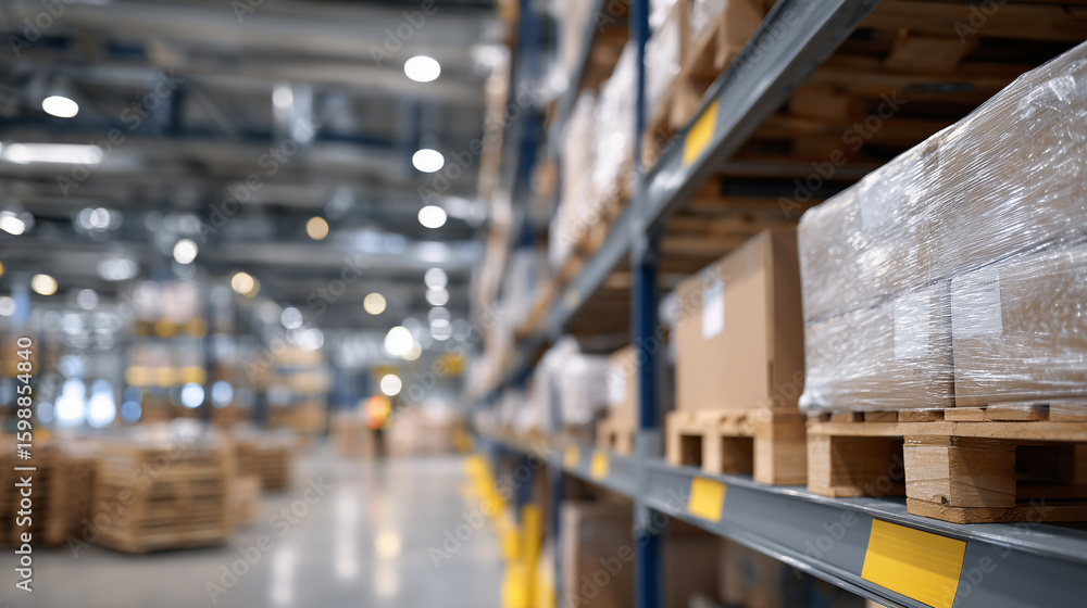 Fototapeta premium Industrial setting filled with neatly arranged carton-packed pallets, rows of labeled shelves fade into background, hinting at vast inventory and rapid movement.