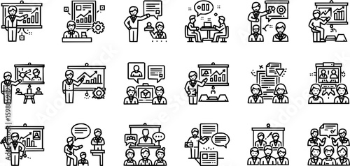 Career growth thin line icon set. Contains grow, work, job, performance, gain, improvement chart, increase, development, target achievement success, promoting, climb, graph, progress. Vector