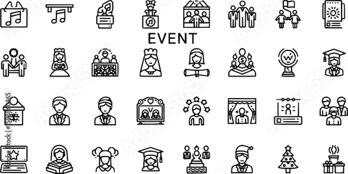 Event thin line icon set. Containing calendar, confetti, decoration, present, fireworks, masks, balloons, cake, ticket, drinks, champagne, celebration, and party. Vector illustration