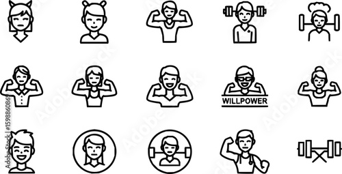 Willpower icon vector set. Containing motivation, confident, human energy, determination, ambition, strong, leadership, hand power, together, spirit, passion. Illustration