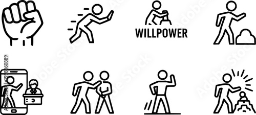 Willpower icon vector set. Containing motivation, confident, human energy, determination, ambition, strong, leadership, hand power, together, spirit, passion. Illustration