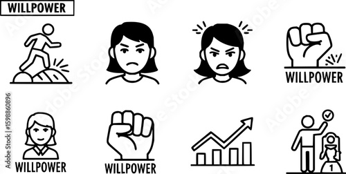 Willpower icon vector set. Containing motivation, confident, human energy, determination, ambition, strong, leadership, hand power, together, spirit, passion. Illustration