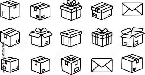 Package box line icon vector set. Containing open cardboard, fast delivery box, container, parcel protection, storage, good packing, fragile, wrapped, offer, processed, product shipping, merchandise