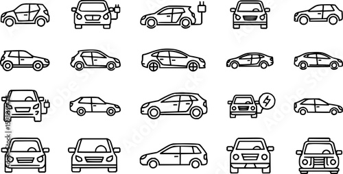 Electric car thin line icon set. Electric vehicle icon. Electric car charging cable and plug. Vector illustration
