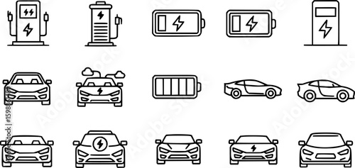 Electric car thin line icon set. Electric vehicle icon. Electric car charging cable and plug. Vector illustration
