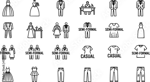 Event dress code thin line icon set. Containing clothes, tuxedo, shirt, suit, tie, shoe, hanger, and bag for fashion, wedding, ceremony, celebration, festival and other. Vector illustration