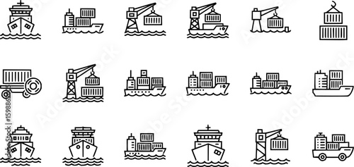 Delivery container ship thin line icon set. Containing shipping storage, cargo crane, freight, truck, and dockyard. Vector illustration
