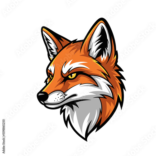 A stylized illustration of a fox head, featuring orange fur, sharp features, and a focused, intense gaze on a white background.