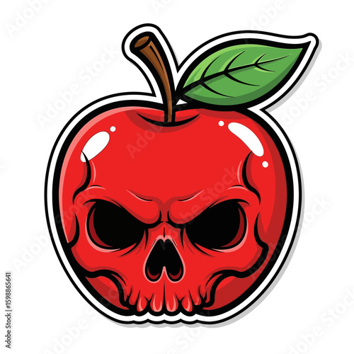 Cartoon illustration of a red apple with a skull face, featuring a green leaf and brown stem, outlined in white.