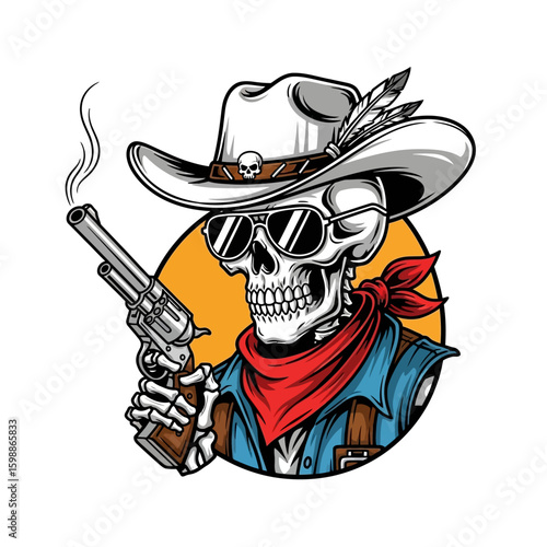 A skeleton dressed as a cowboy wearing sunglasses and a hat, holding a smoking revolver against a yellow background.