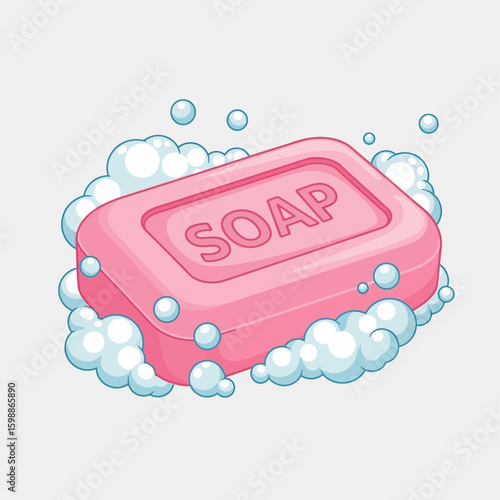 Illustration of a pink bar of soap with the word "SOAP" embossed on it, surrounded by white bubbles.