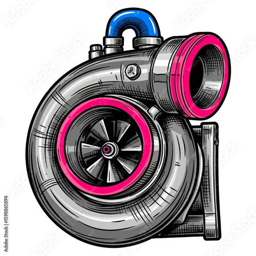 Illustration of a stylized turbocharger with silver metal, pink accents, and a blue pipe, rendered in a detailed, graphic style.