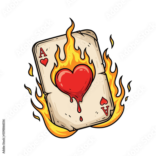 Illustration of a burning Ace of Hearts playing card with a melting heart symbol, surrounded by flames.