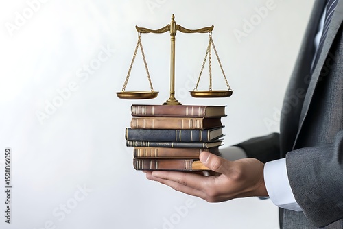 Lawyer holding scales of justice on stack of law books for legal advice and jurisprudence