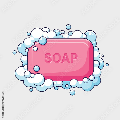 Pink bar of soap with the word "SOAP" embossed, surrounded by white and blue bubbles on a light gray background.