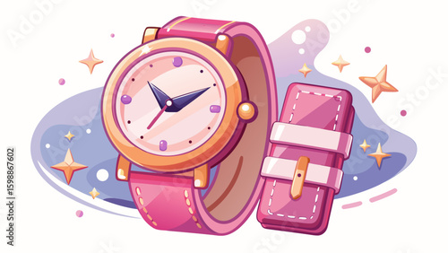 A dreamy pink watch with soft leather strap, glittering star-shaped markers, and a polished case. Feminine, delicate, and fashionable — perfect for youthful vector scenes on white.

