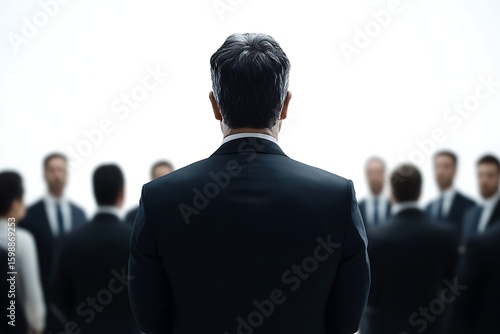 Business leader addresses team. Powerful businessman leads meeting with his employees