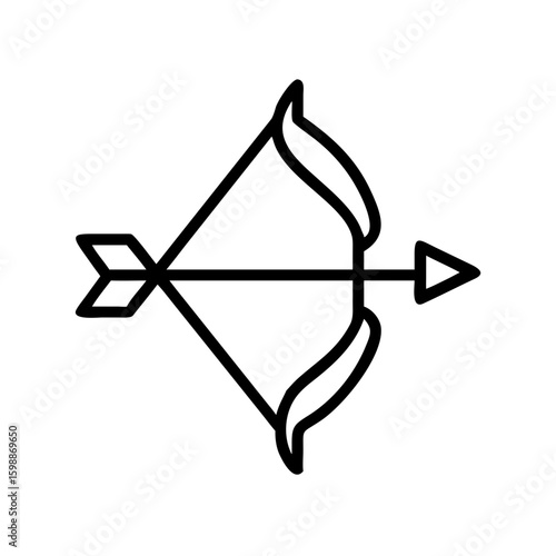 A simple graphic of a bow and arrow with a dark outline against a plain white background design here