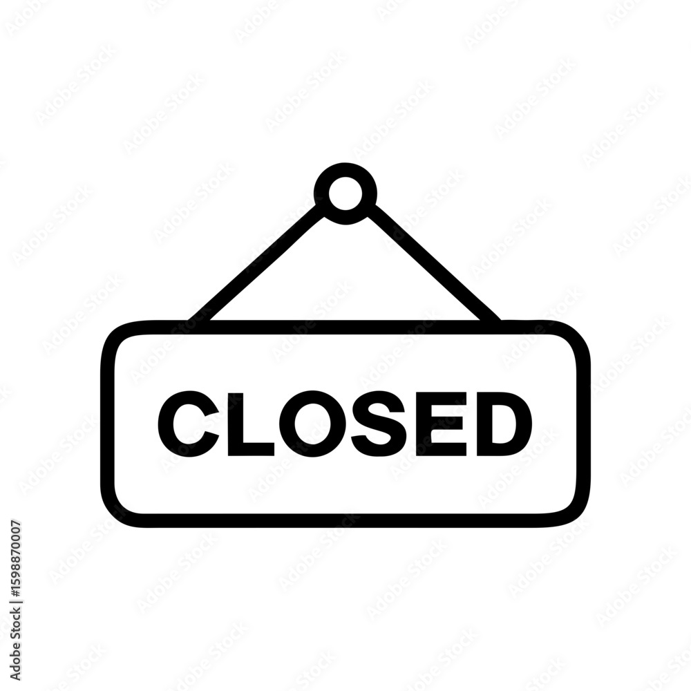 A simple graphic of a sign displaying the word closed hanging by a string in black and white style A simple graphic of a sign displaying the word closed hanging by a string in black and white style