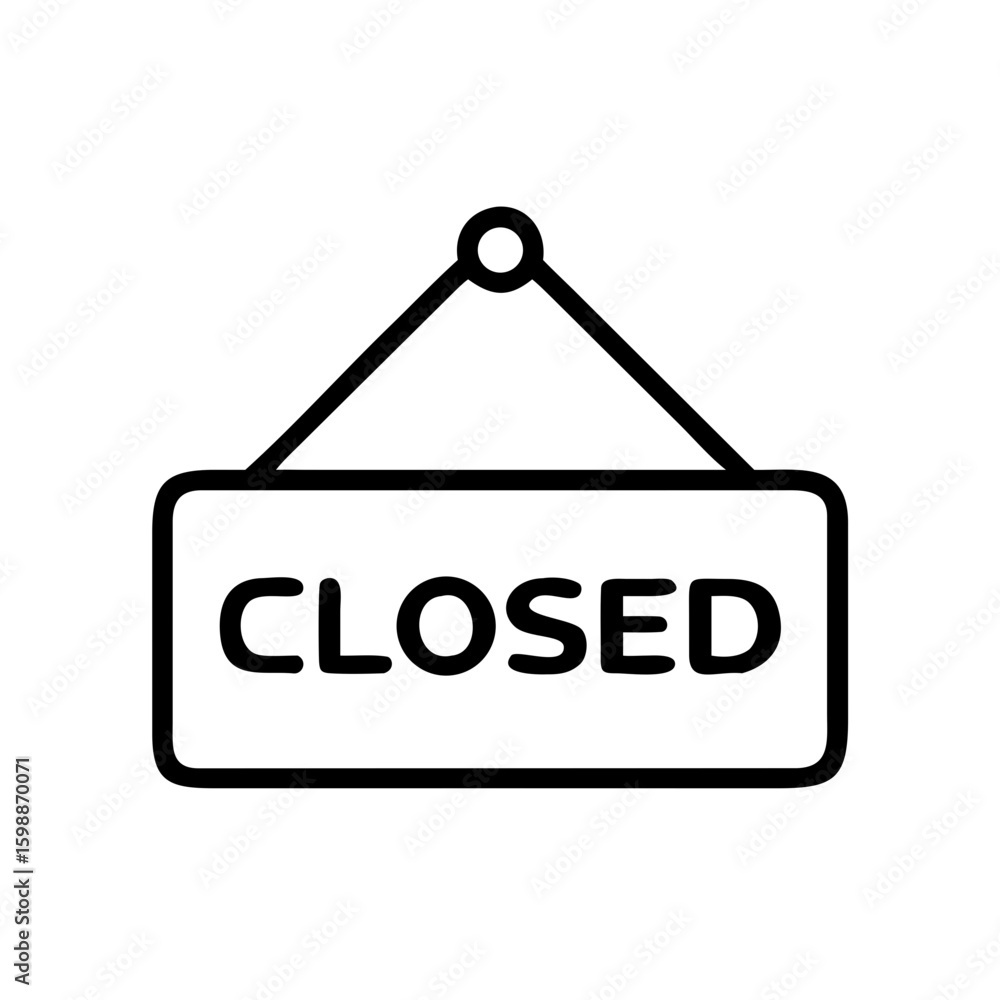 A simple black and white graphic of a closed sign hanging from a string with rounded corners design element A simple black and white graphic of a closed sign hanging from a string with rounded corners design element