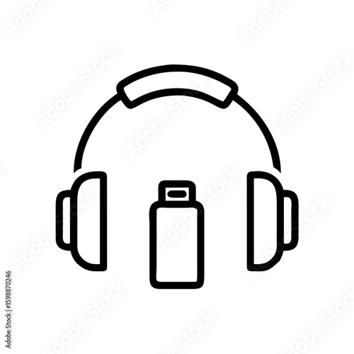 Outline drawing showing pair of earphones and a usb stick on a white background design element