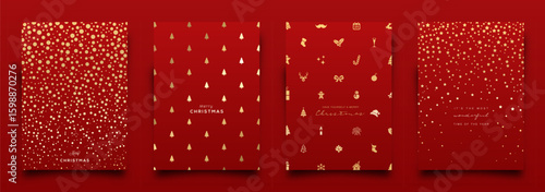 Holiday Greeting Card designs. Elegant gold  pattern; Glitter Christmas elements and icons including pine trees, snowflakes, stars... Vector Illustration.