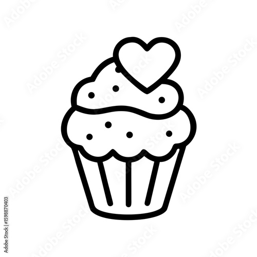 Outline drawing of a cupcake with frosting and a heart on top in black and white style design