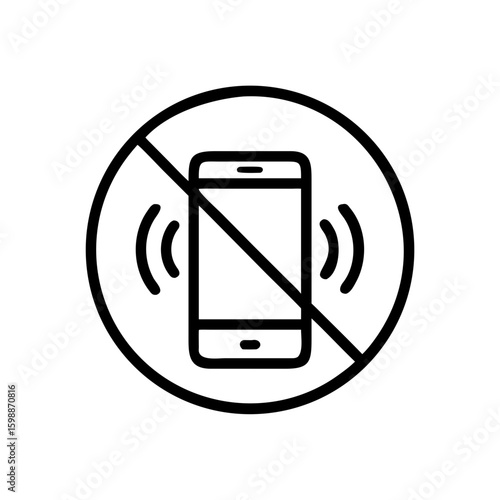 A graphic symbol depicting a cellphone with a diagonal line through it inside a circle outline shape