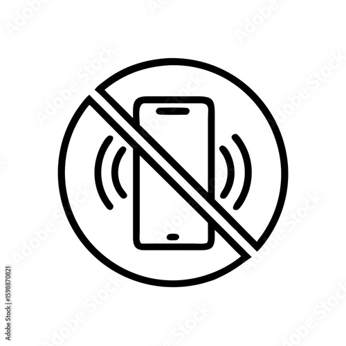 No mobile device ringing sign with circle and diagonal line indicating silence required in the area here