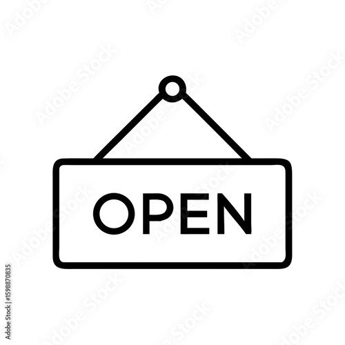 A simple graphic of a hanging sign with the word open displayed in bold sans serif lettering on it