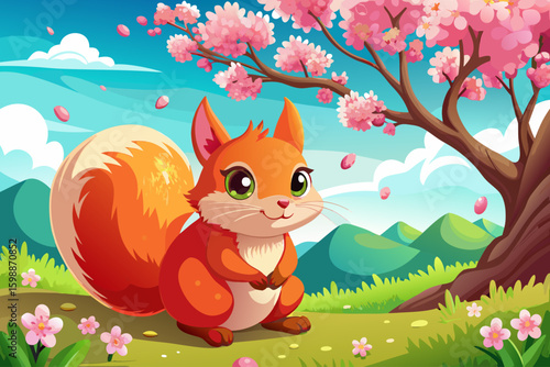 vector of A fluffy red squirrel sits on cherry blossoms in a sunny spring garden and looks at the camera.