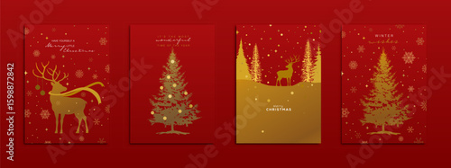 Holiday Greeting Card designs. Elegant gold Christmas elements and icons including reindeer, pine trees, snowflakes, stars... Vector Illustration.