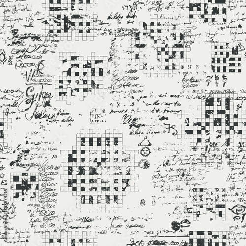 Seamless pattern with vintage letters, crosswords and handwritten Lorem Ipsum text. Abstract texture, engraving. Fabric, wallpaper, wrapping paper, tile. Book page, magazine. Endpaper. No AI. 