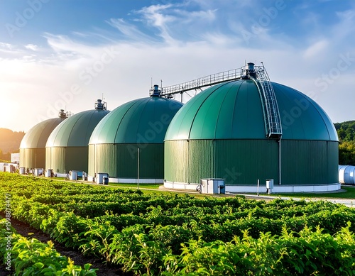 Modern bio-gas facilities amidst a lush green field