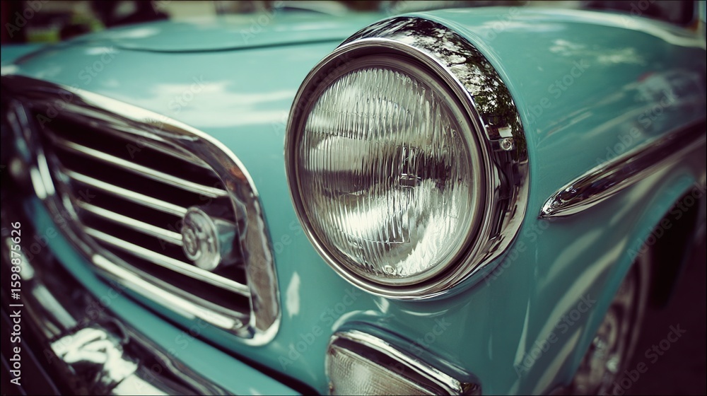 Close-up of a teal classic car headlight and chrome grill detail Close-up of a teal classic car headlight and chrome grill detail