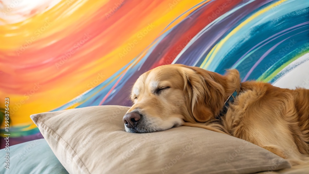 Obraz premium A golden retriever peacefully sleeps on a pillow with a vibrant colorful background wall art