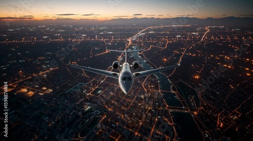 A view from above a private jet aircraft in flight over a big city urban area. Aerial video, Night time, Birds Eye view video 3d animation of luxury plane flight, evening