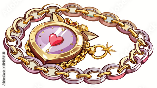 Luxury bracelet watch with fine chain links, heart-shaped dial, subtle gemstone trim, and graceful wrist fit. Ideal for romantic, elegant vector composition with white background glow.