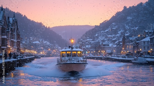 Winter Wonderland Boat Cruise in a Snow Covered Town
