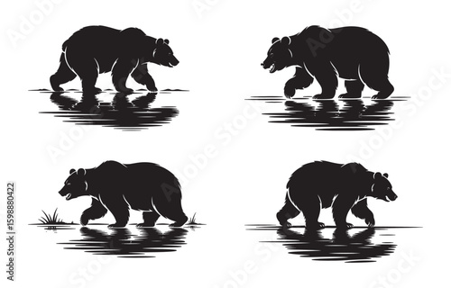 Silhouette illustrations of bears walking near water featuring reflections and minimalist design