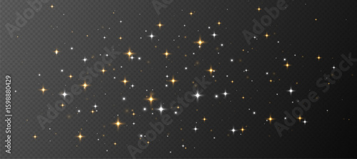White and gold sparkling stars, shiny particles light effect, transparent flying stardust texture, abstract twinkle Christmas decoration. Vector illustration.