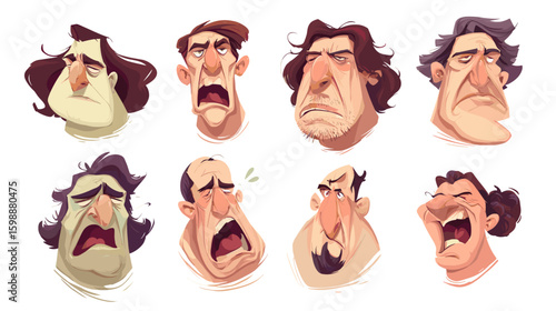 Eight cartoon faces showing various expressions of sadness, shock, and anger with exaggerated features on transparent background